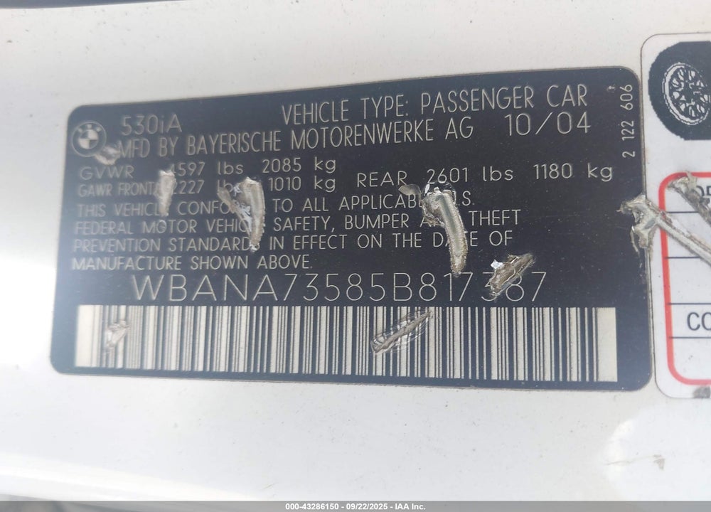 2005 BMW 530I VIN: WBANA73585B817387