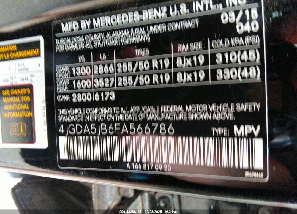 2015 MERCEDES-BENZ ML-CLASS VIN: 4JGDA5JB6FA566786