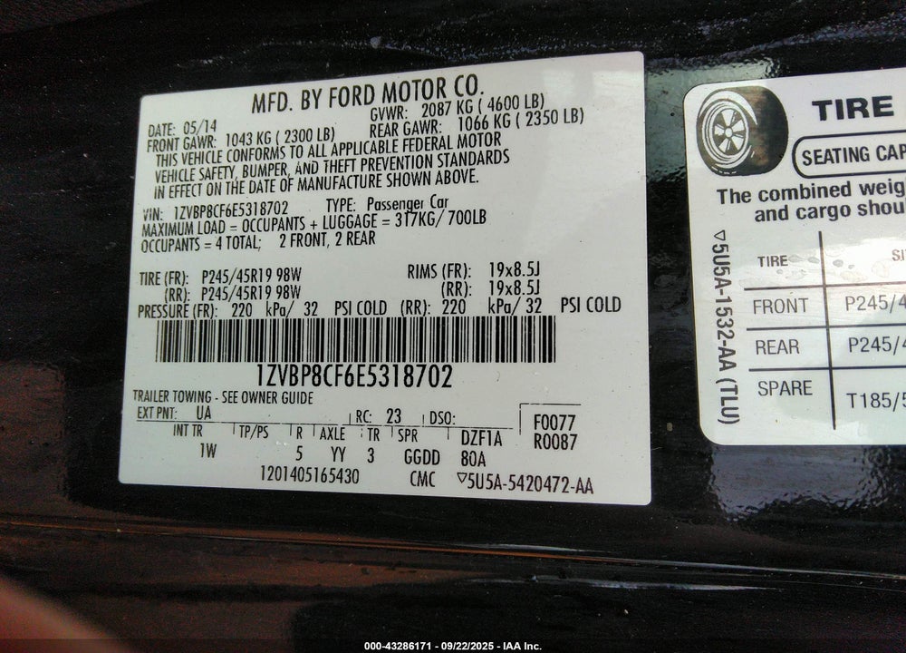 2014 FORD MUSTANG GT VIN: 1ZVBP8CF6E5318702