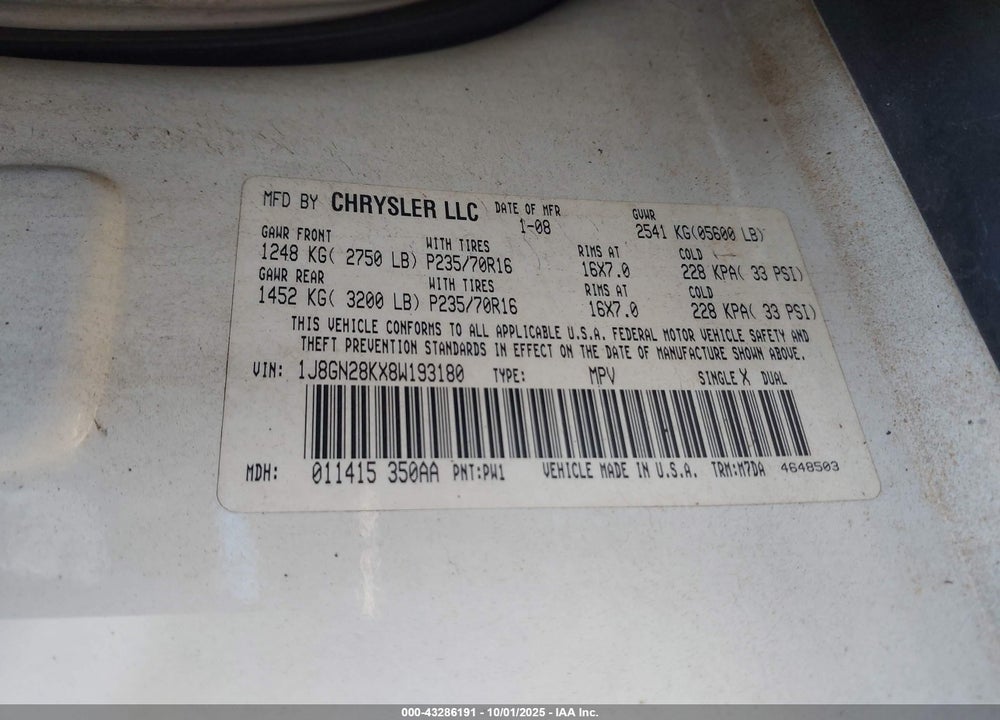 2008 JEEP LIBERTY SPORT VIN: 1J8GN28KX8W193180