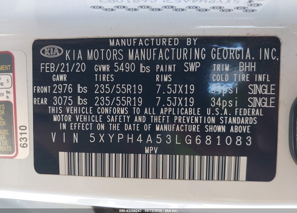 2020 KIA SORENTO 3.3L EX VIN: 5XYPH4A53LG681083