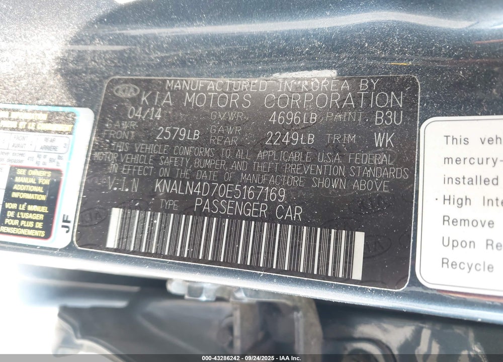 2014 KIA CADENZA VIN: KNALN4D70E5167169