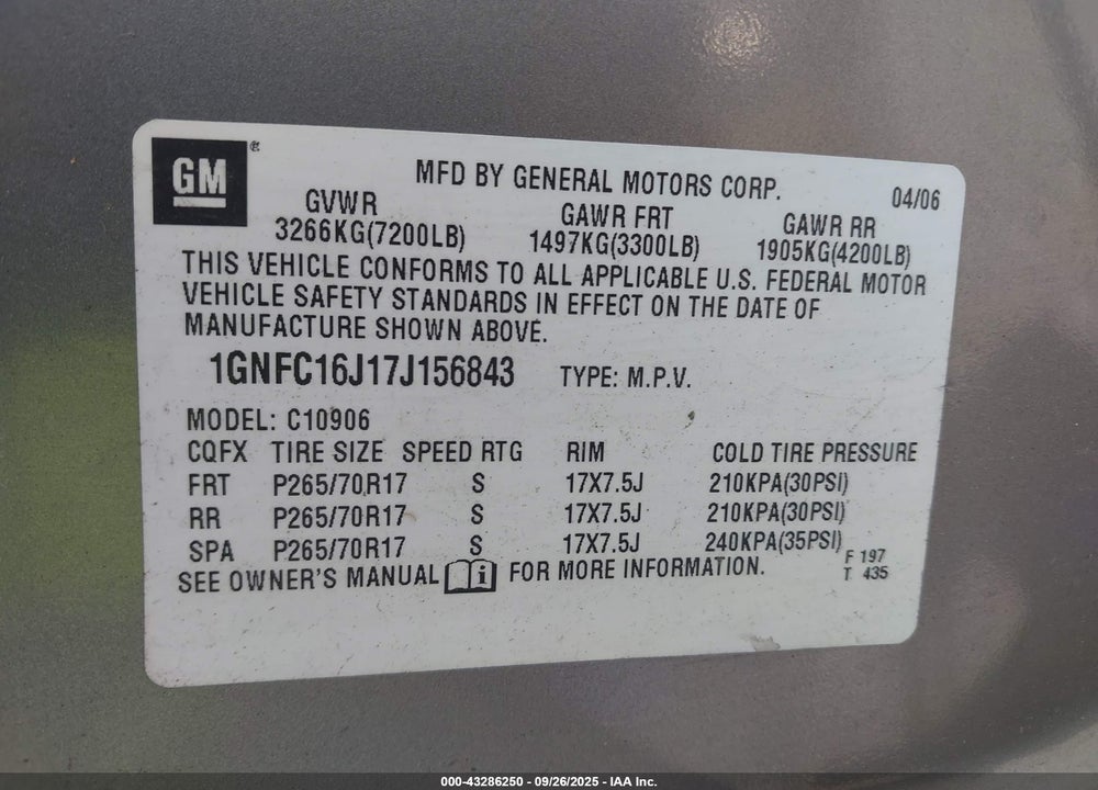 2007 CHEVROLET SUBURBAN 1500 LT VIN: 1GNFC16J17J156843
