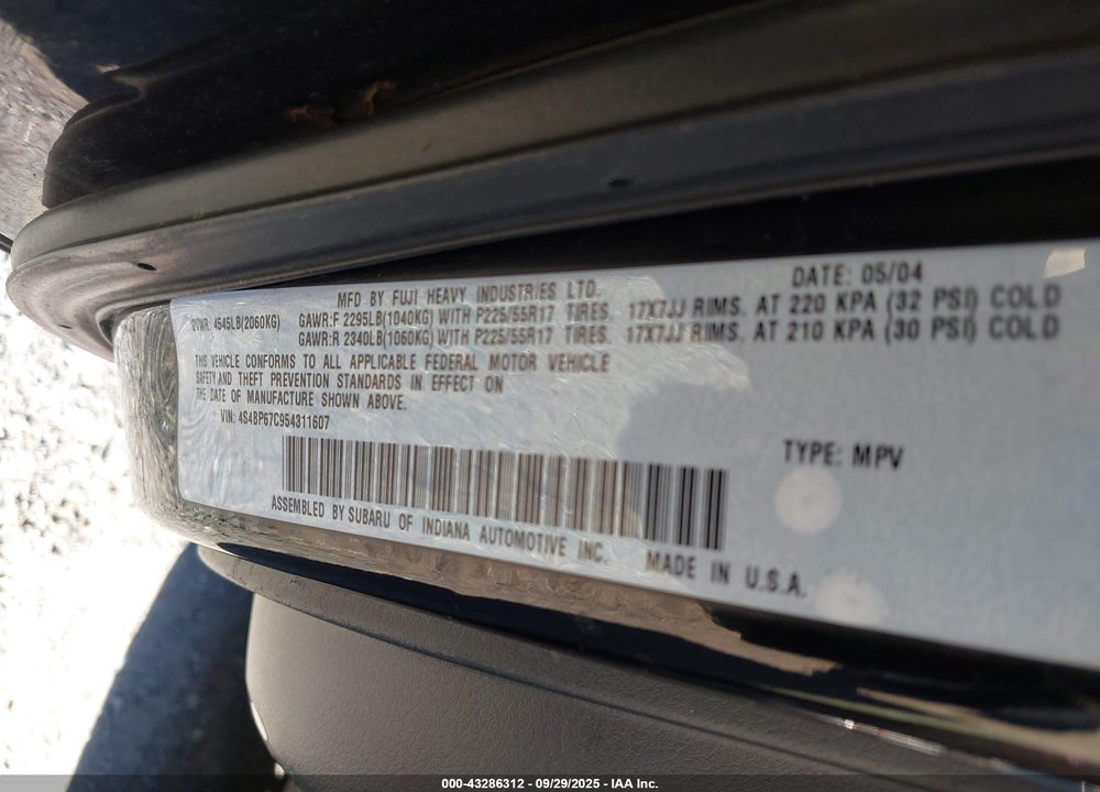 2005 SUBARU OUTBACK 2.5XT LIMITED VIN: 4S4BP67C954311607