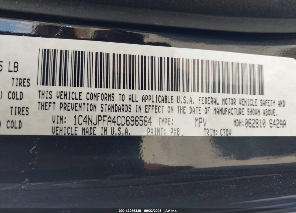 2012 JEEP PATRIOT VIN: 1C4NJPFA4CD696564