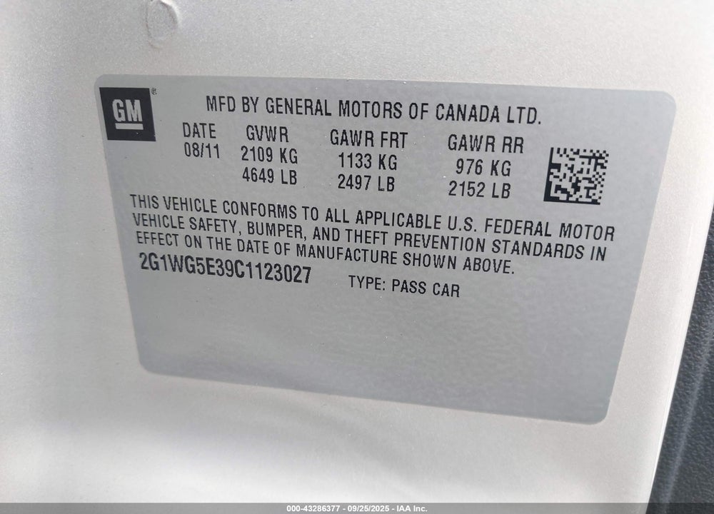 2012 CHEVROLET IMPALA VIN: 2G1WG5E39C1123027