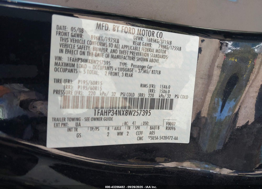 2008 FORD FOCUS S VIN: 1FAHP34NX8W257395