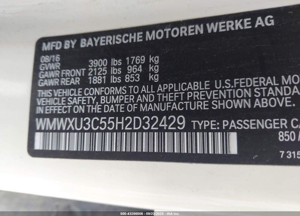 2017 MINI HARDTOP VIN: WMWXU3C55H2D32429