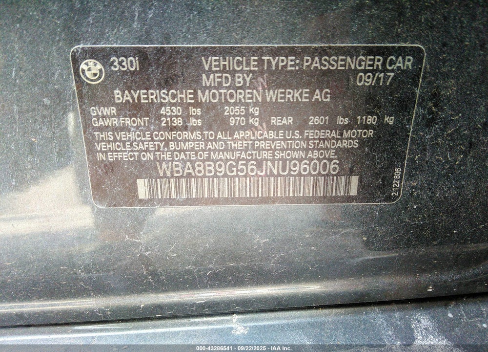 2018 BMW 3 SERIES VIN: WBA8B9G56JNU96006