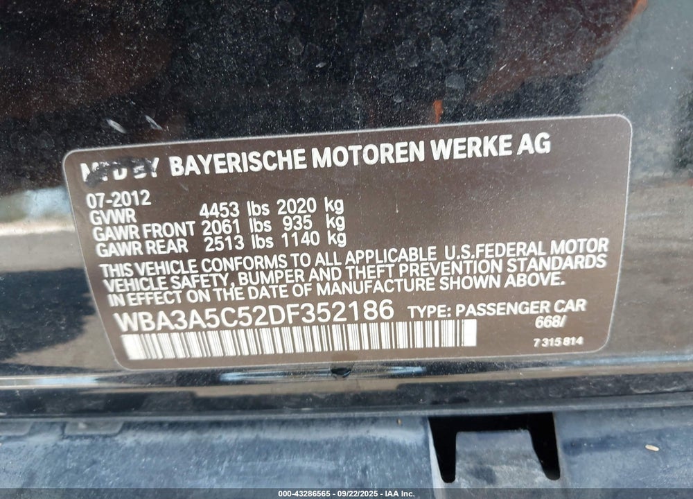 2013 BMW 328I VIN: WBA3A5C52DF352186