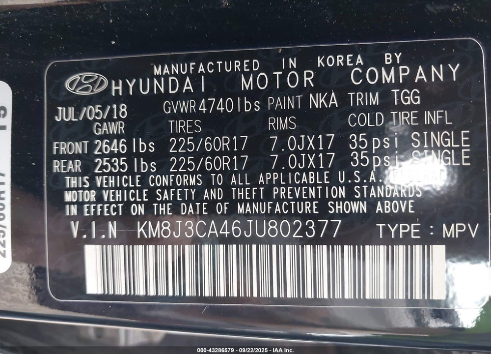 2018 HYUNDAI TUCSON VIN: KM8J3CA46JU802377