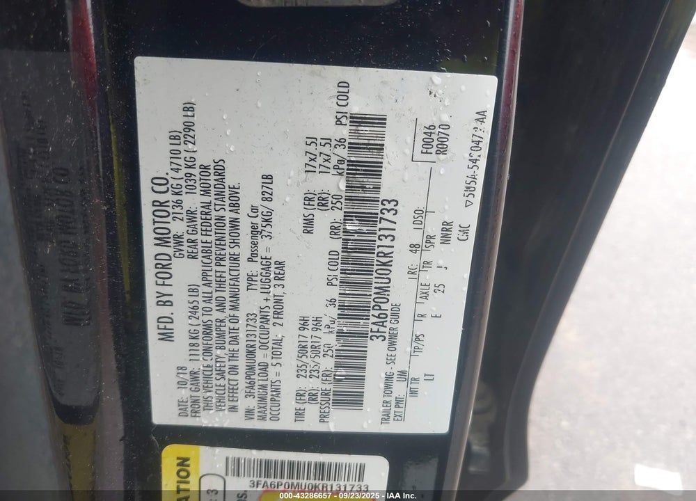 2019 FORD FUSION HYBRID SEL VIN: 3FA6P0MU0KR131733