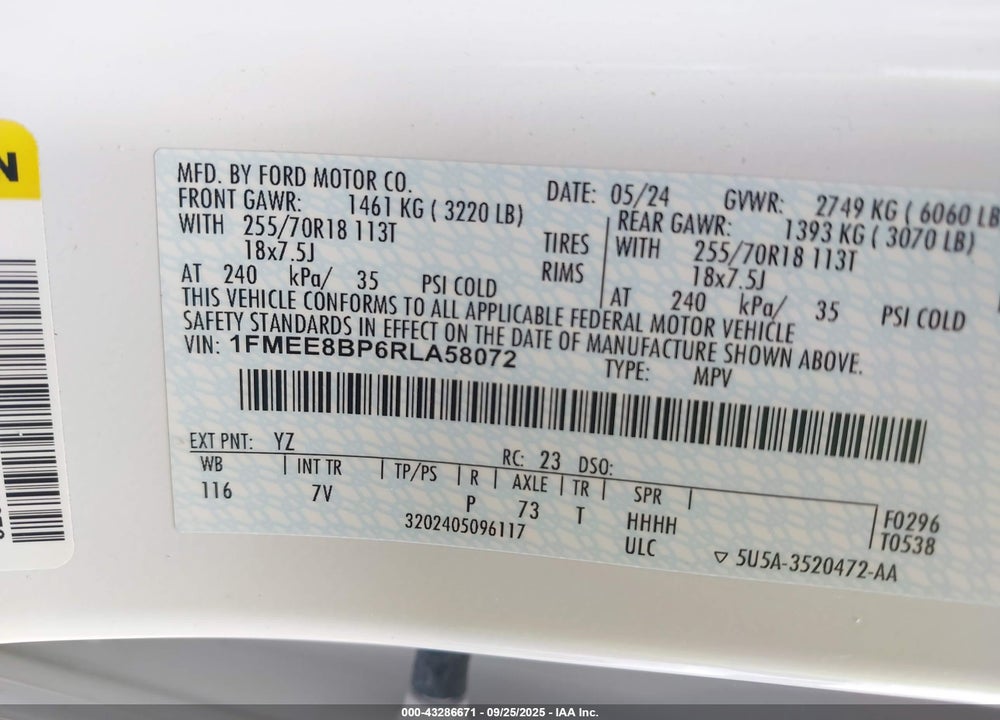 2024 FORD BRONCO VIN: 1FMEE8BP6RLA58072