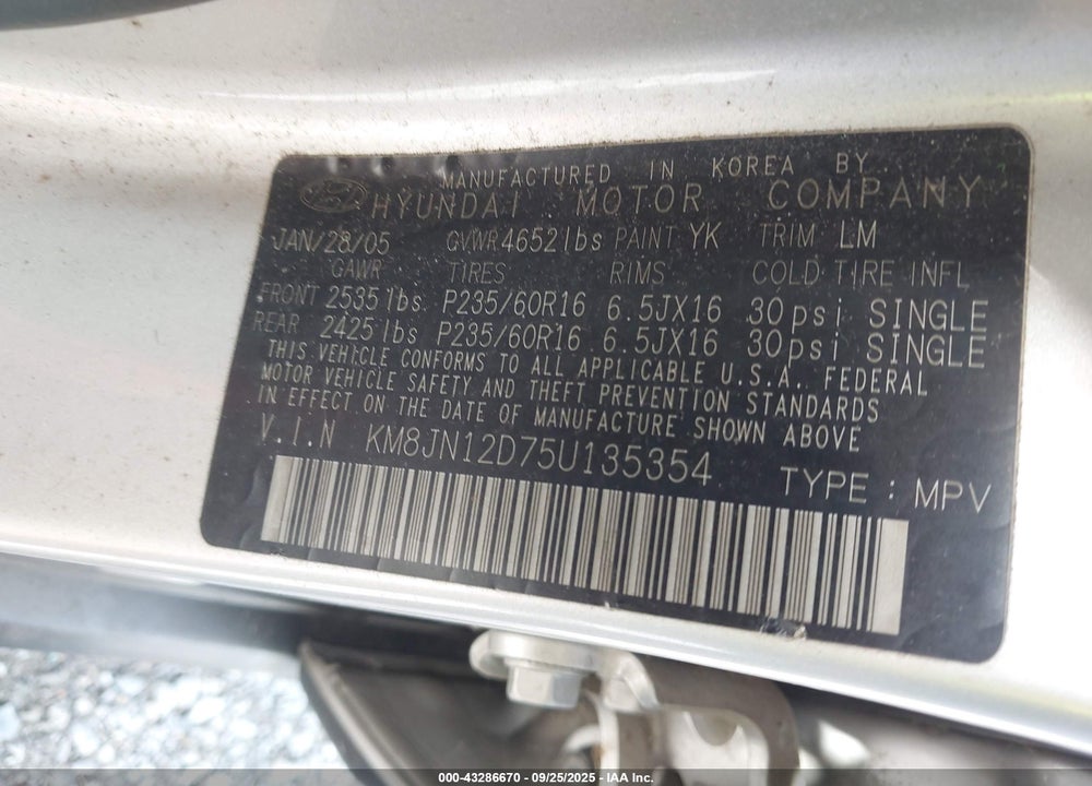 2005 HYUNDAI TUCSON GLS/LX VIN: KM8JN12D75U135354