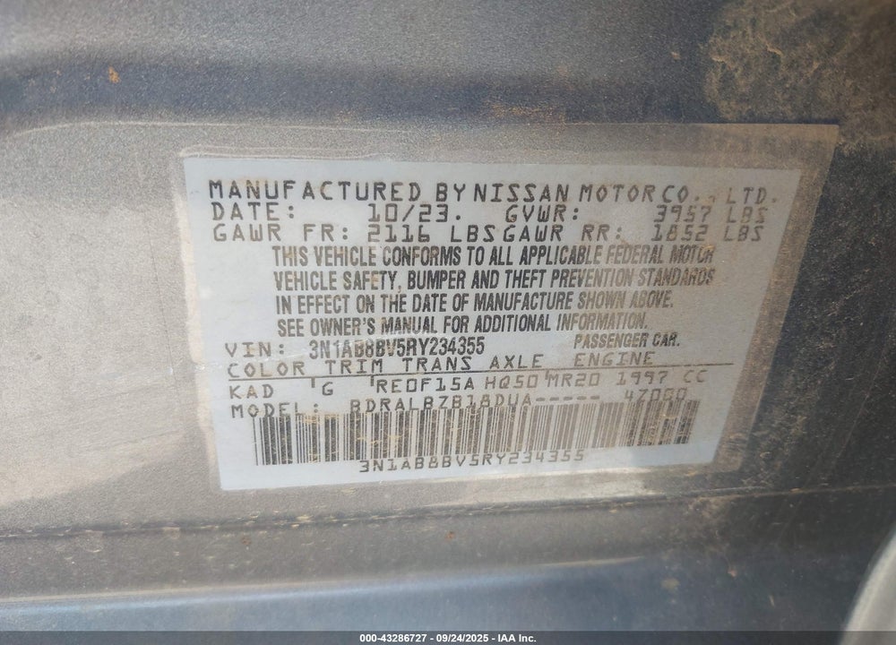 2024 NISSAN SENTRA VIN: 3N1AB8BV5RY234355