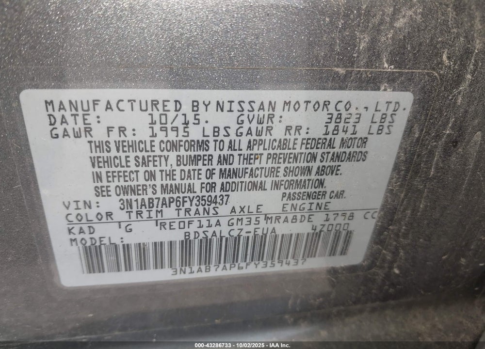 2015 NISSAN SENTRA VIN: 3N1AB7AP6FY359437