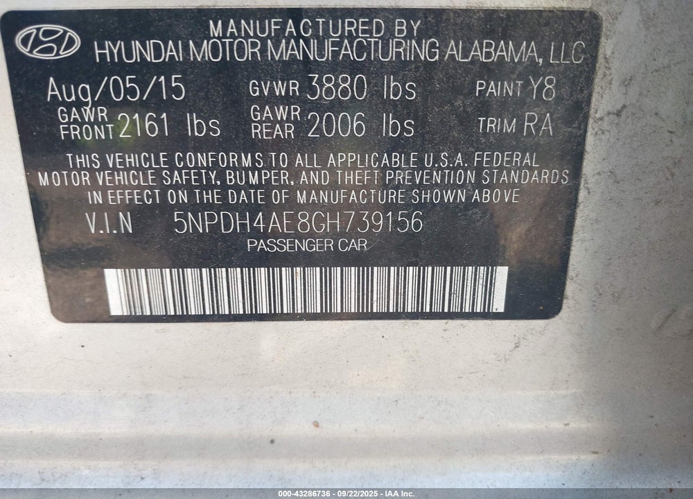 2016 HYUNDAI ELANTRA SE VIN: 5NPDH4AE8GH739156