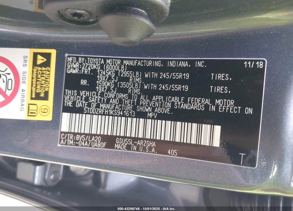 2019 TOYOTA HIGHLANDER VIN: 5TDDZRFH1KS941613
