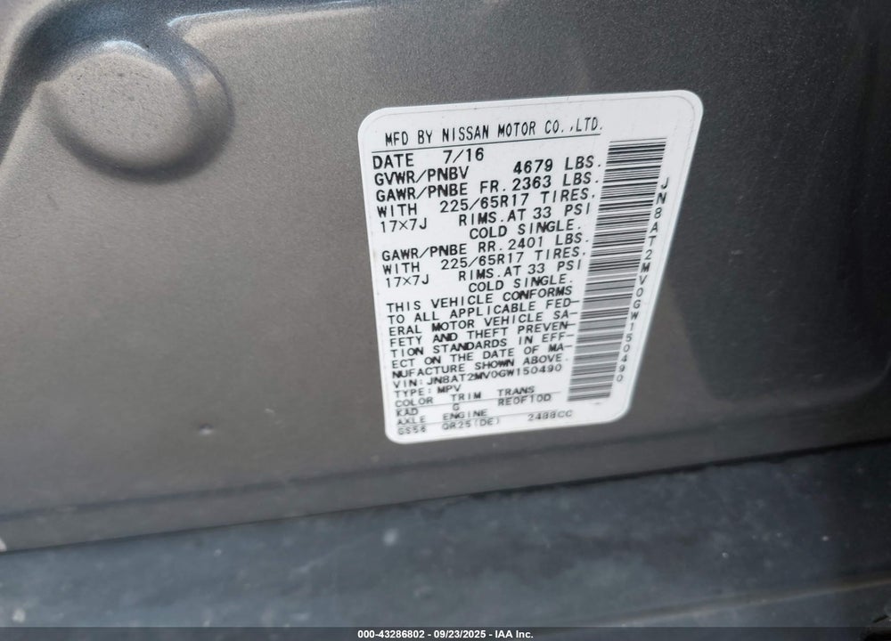 2016 NISSAN ROGUE SPORT VIN: JN8AT2MV0GW150490