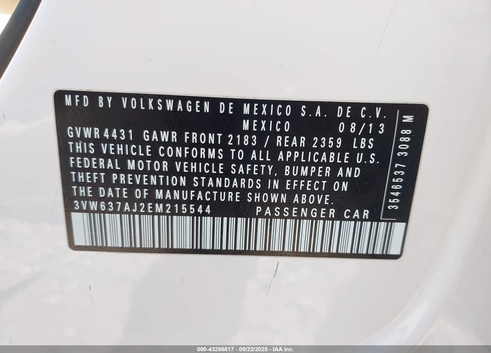 2014 VOLKSWAGEN JETTA VIN: 3VW637AJ2EM215544