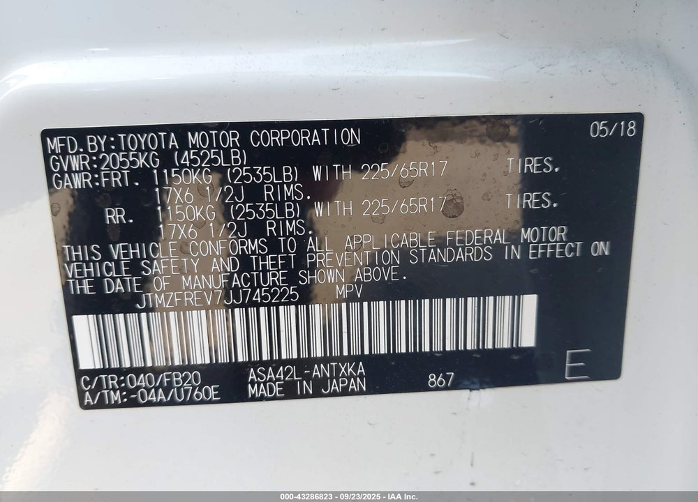 2018 TOYOTA RAV4 VIN: JTMZFREV7JJ745225