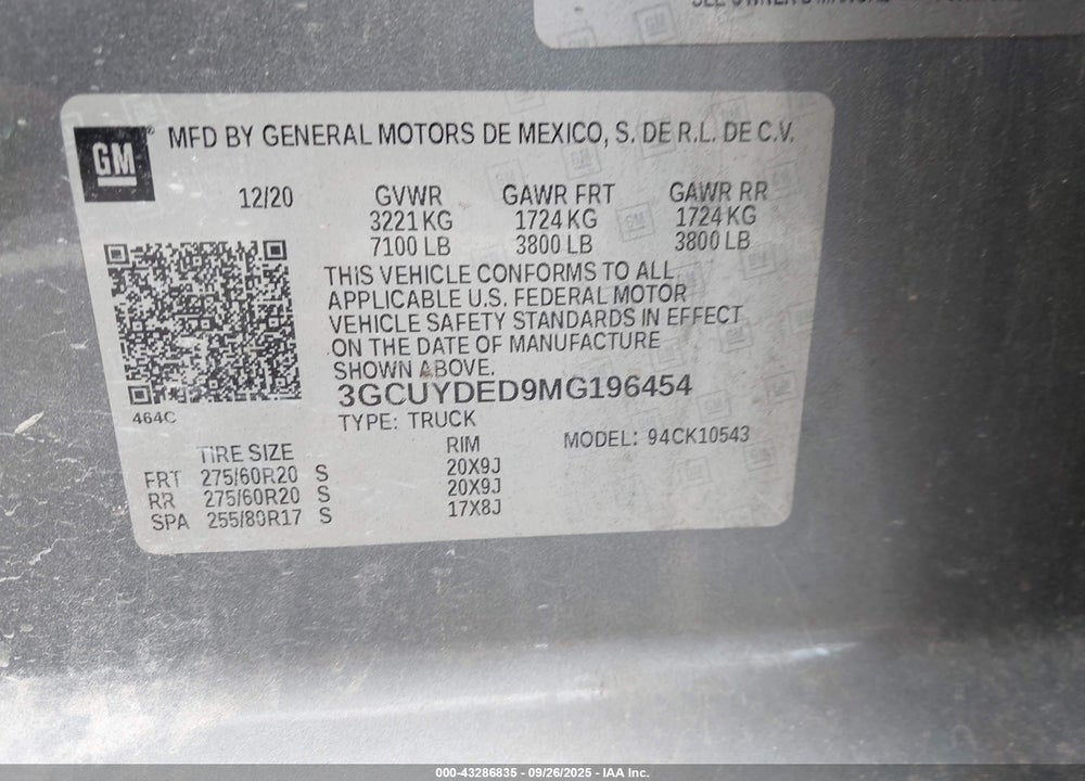2021 CHEVROLET SILVERADO 1500 4WD SHORT BED LT VIN: 3GCUYDED9MG196454
