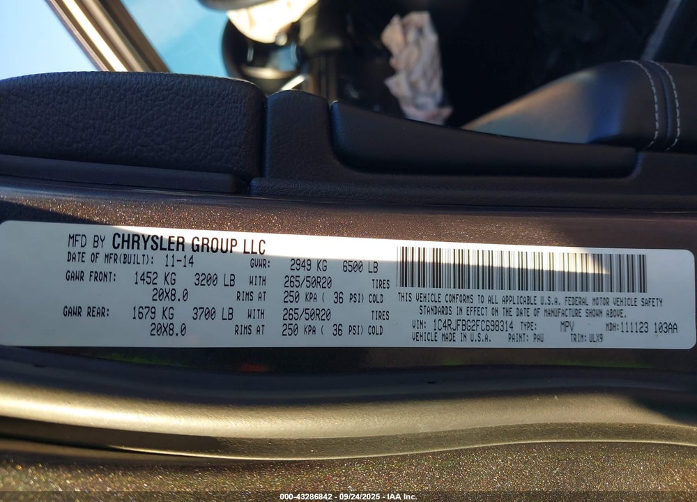 2015 JEEP GRAND CHEROKEE VIN: 1C4RJFBG2FC698314
