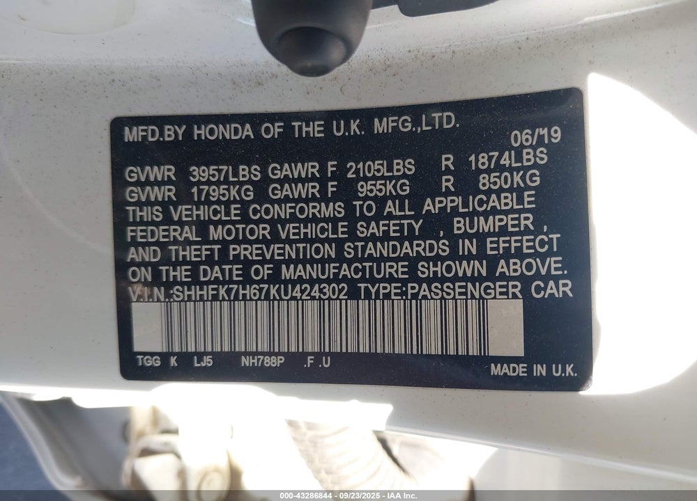 2019 HONDA CIVIC EX VIN: SHHFK7H67KU424302