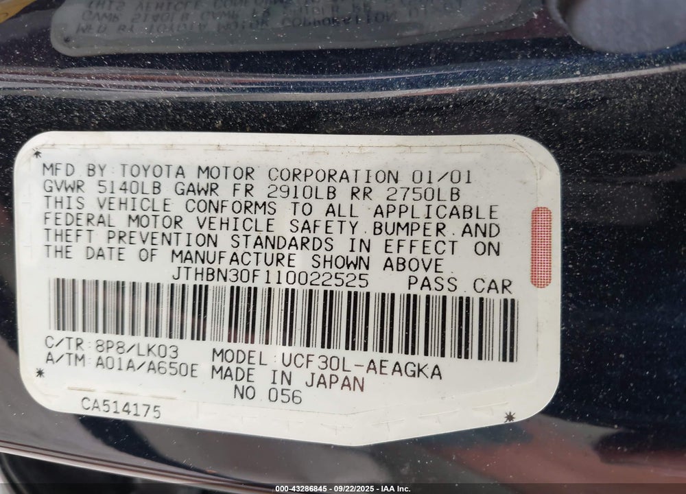 2001 LEXUS LS 430 VIN: JTHBN30F110022525
