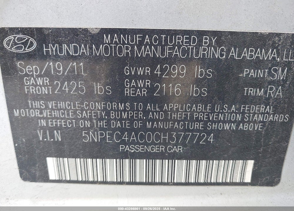 2012 HYUNDAI SONATA LIMITED VIN: 5NPEC4AC0CH377724