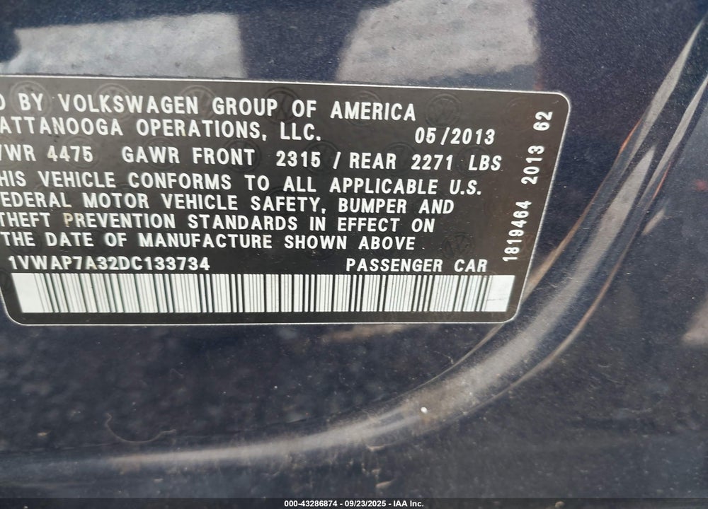 2013 VOLKSWAGEN PASSAT 2.5L WOLFSBURG EDITION VIN: 1VWAP7A32DC133734