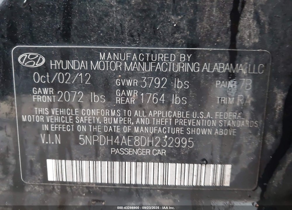 2013 HYUNDAI ELANTRA VIN: 5NPDH4AE8DH232995