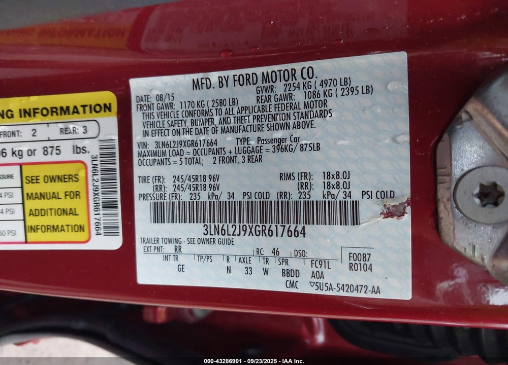 2016 LINCOLN MKZ VIN: 3LN6L2J9XGR617664