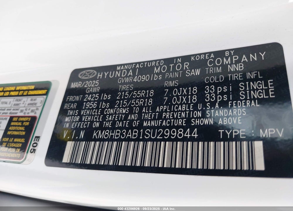 2025 HYUNDAI KONA VIN: KM8HB3AB1SU299844