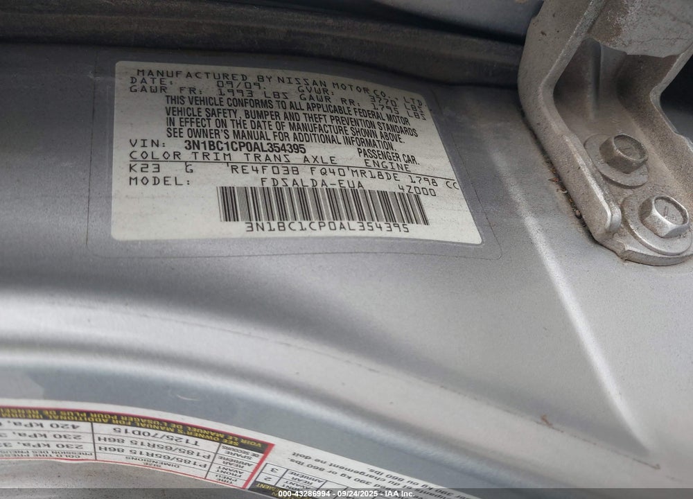 2010 NISSAN VERSA VIN: 3N1BC1CP0AL354395
