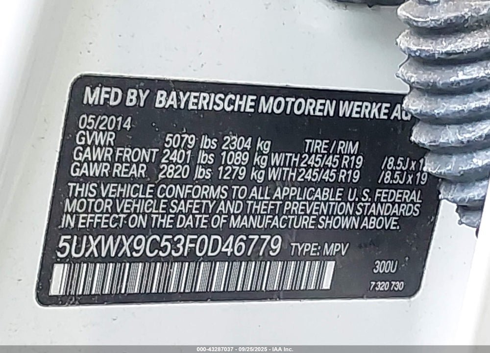 2015 BMW X3 XDRIVE28I VIN: 5UXWX9C53F0D46779