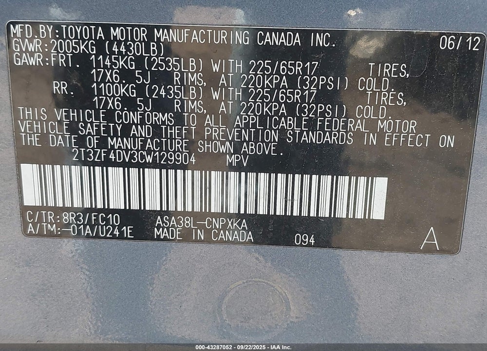 2012 TOYOTA RAV4 VIN: 2T3ZF4DV3CW129904