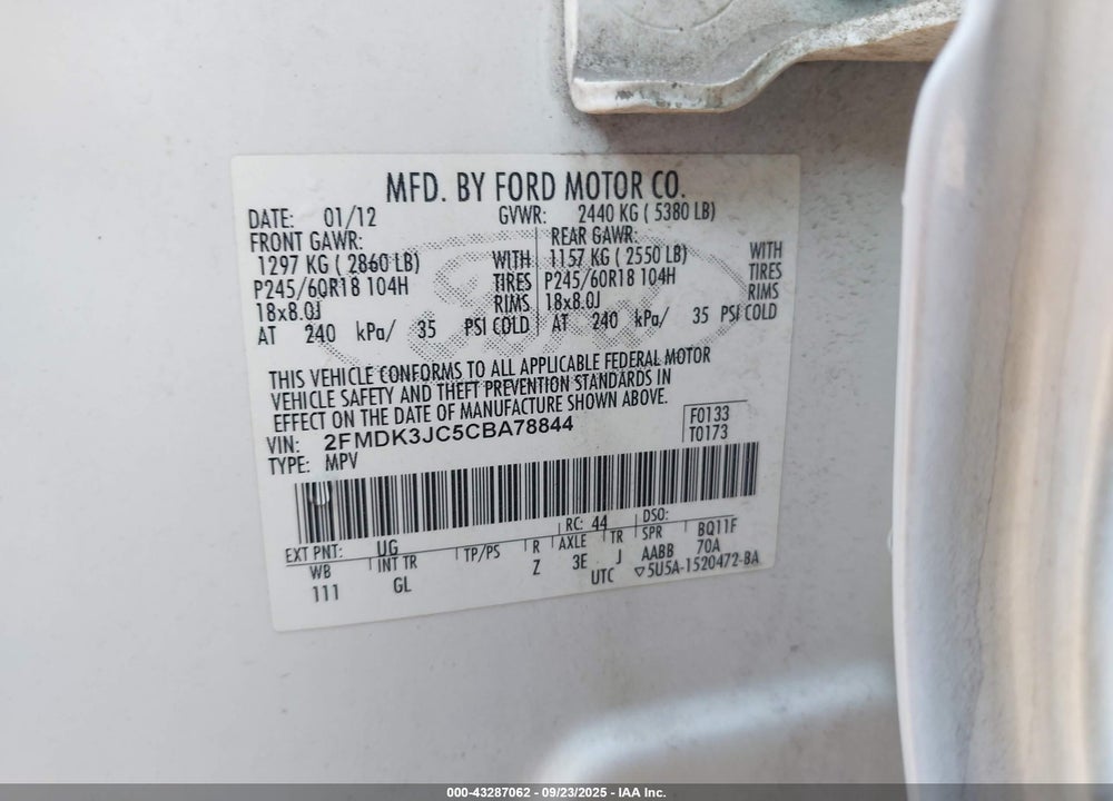 2012 FORD EDGE VIN: 2FMDK3JC5CBA78844