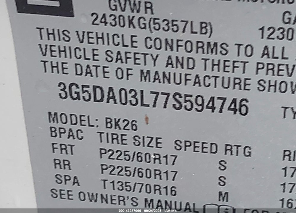 2007 BUICK RENDEZVOUS CX VIN: 3G5DA03L77S594746
