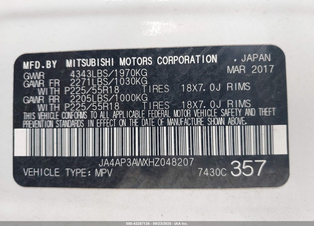 2017 MITSUBISHI OUTLANDER SPORT VIN: JA4AP3AWXHZ048207