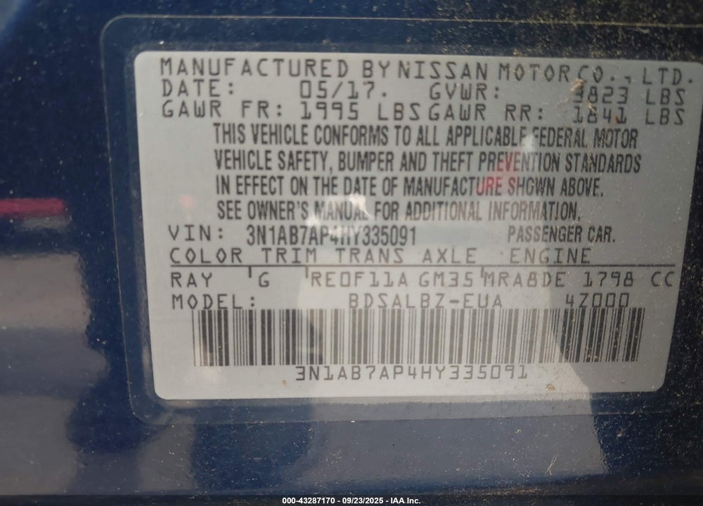 2017 NISSAN SENTRA VIN: 3N1AB7AP4HY335091