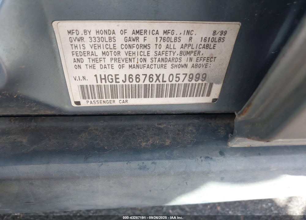 1999 HONDA CIVIC LX VIN: 1HGEJ6676XL057999