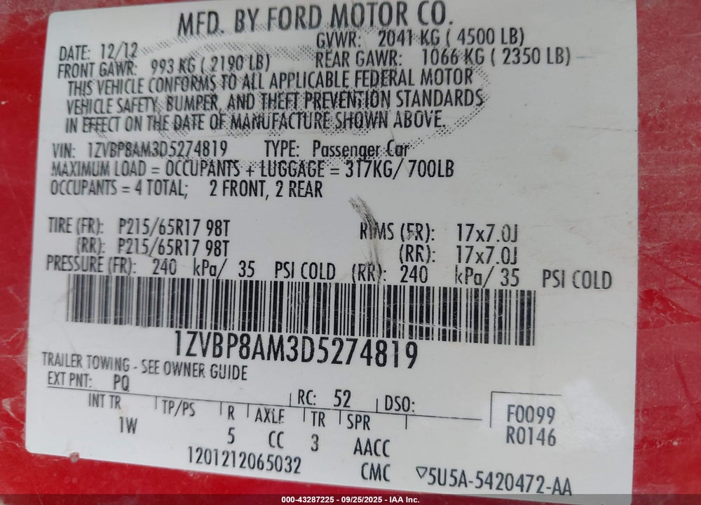 2013 FORD MUSTANG VIN: 1ZVBP8AM3D5274819