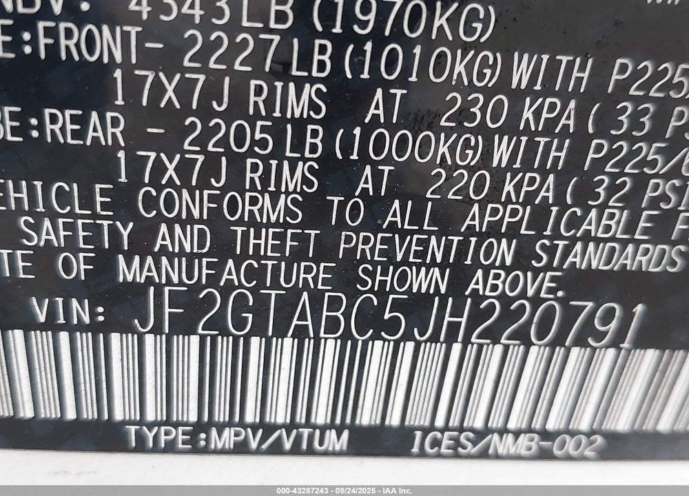 2018 SUBARU CROSSTREK VIN: JF2GTABC5JH220791