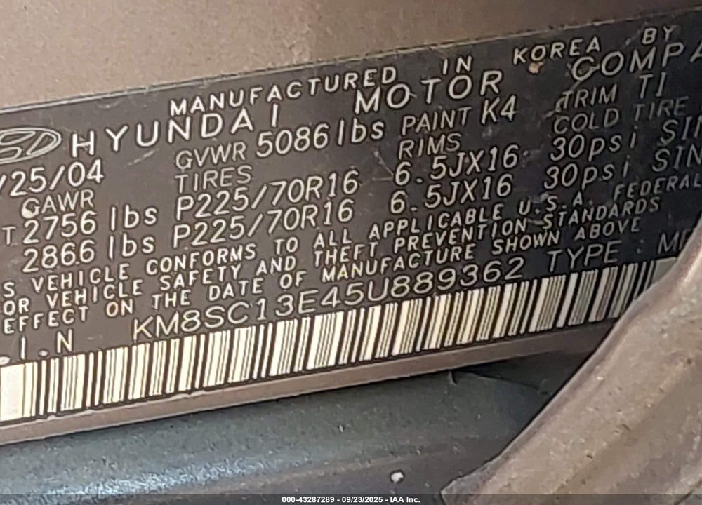 2005 HYUNDAI SANTA FE GLS/LX VIN: KM8SC13E45U889362