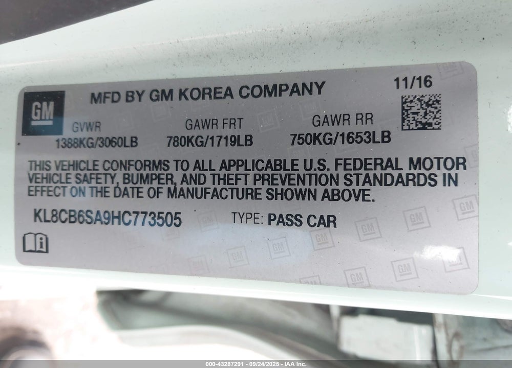 2017 CHEVROLET SPARK LS CVT VIN: KL8CB6SA9HC773505