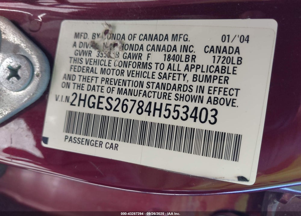 2004 HONDA CIVIC EX VIN: 2HGES26784H553403