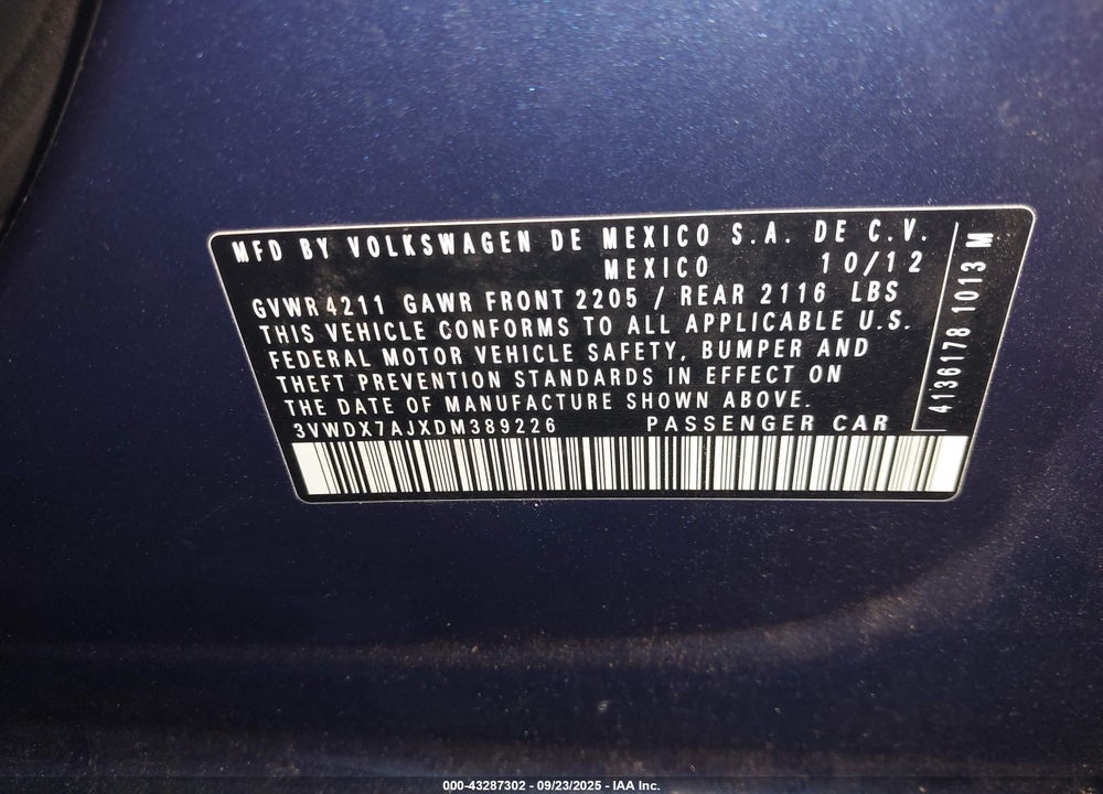 2013 VOLKSWAGEN JETTA VIN: 3VWDX7AJXDM389226