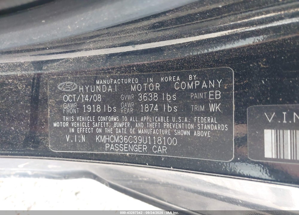 2009 HYUNDAI ACCENT GS VIN: KMHCM36C39U118100