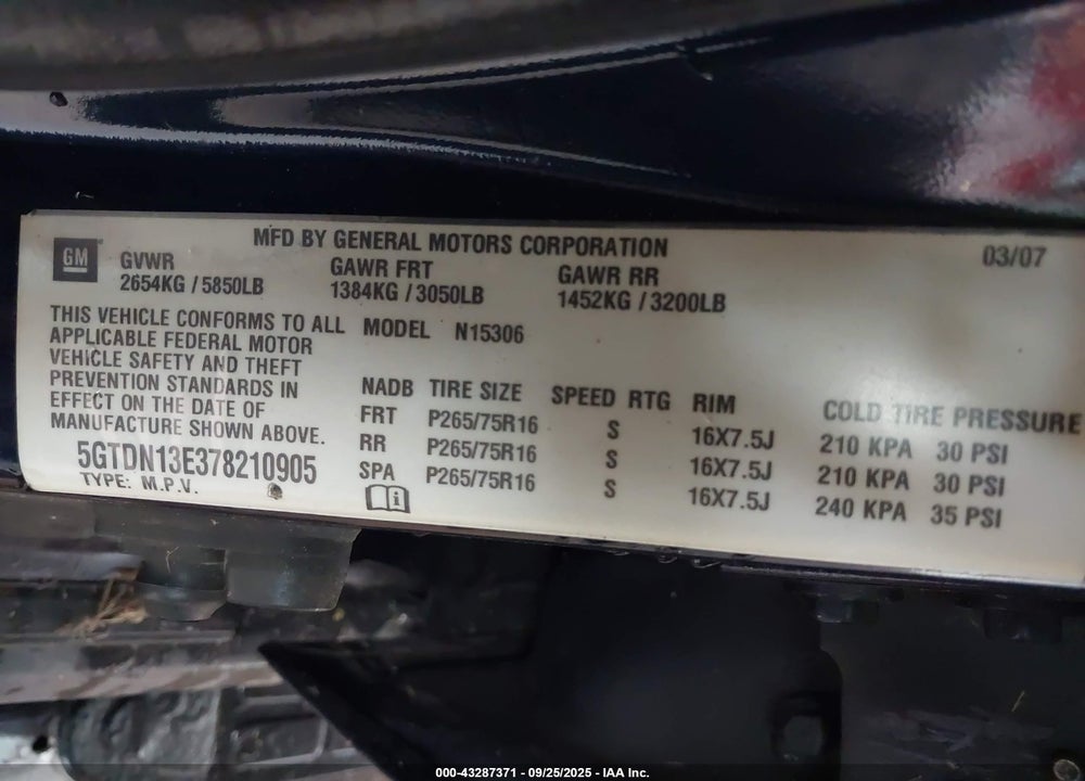 2007 HUMMER H3 VIN: 5GTDN13E378210905